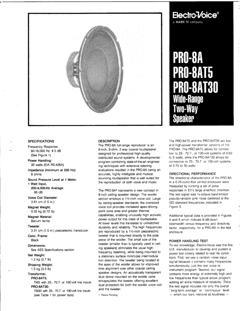 Electro-Voice Wide-Range Two-Way Speaker PRO-8A Specification sheet