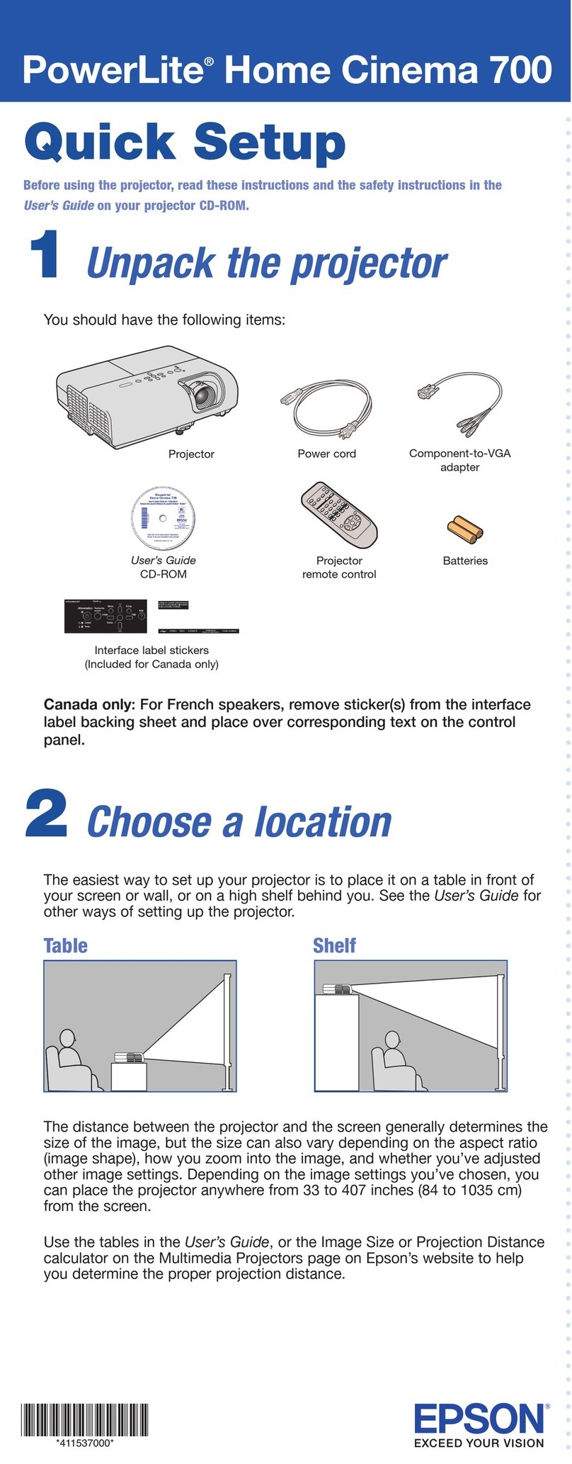 Epson PowerLite 700 Quick setup guide