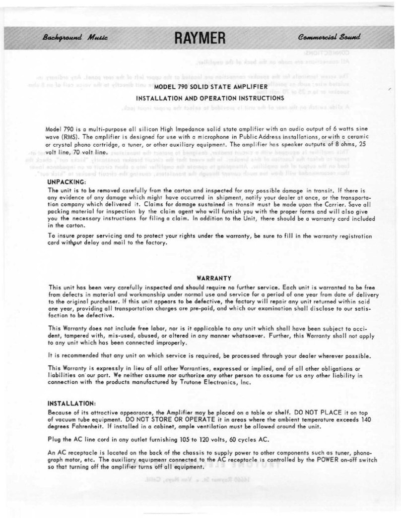 Raymer Solid State Amplifier 790 User manual