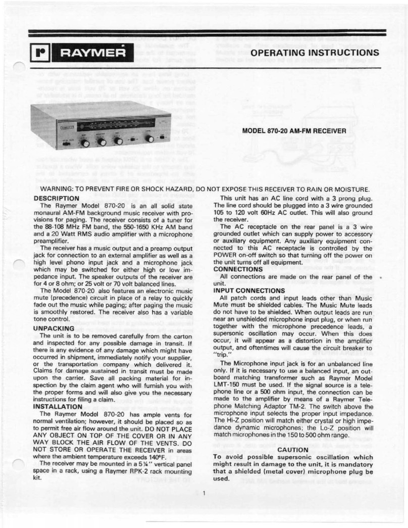 Raymer AM-FM Receiver 870-20 User manual