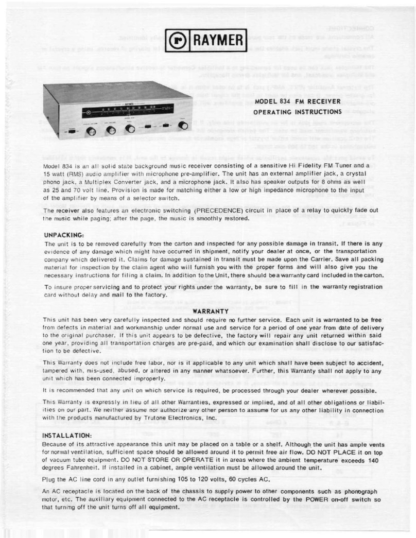 Raymer FM Receiver 834 operating instructions