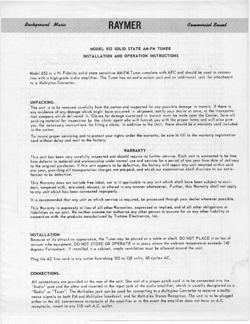 Raymer 852 Installation and operation instructions