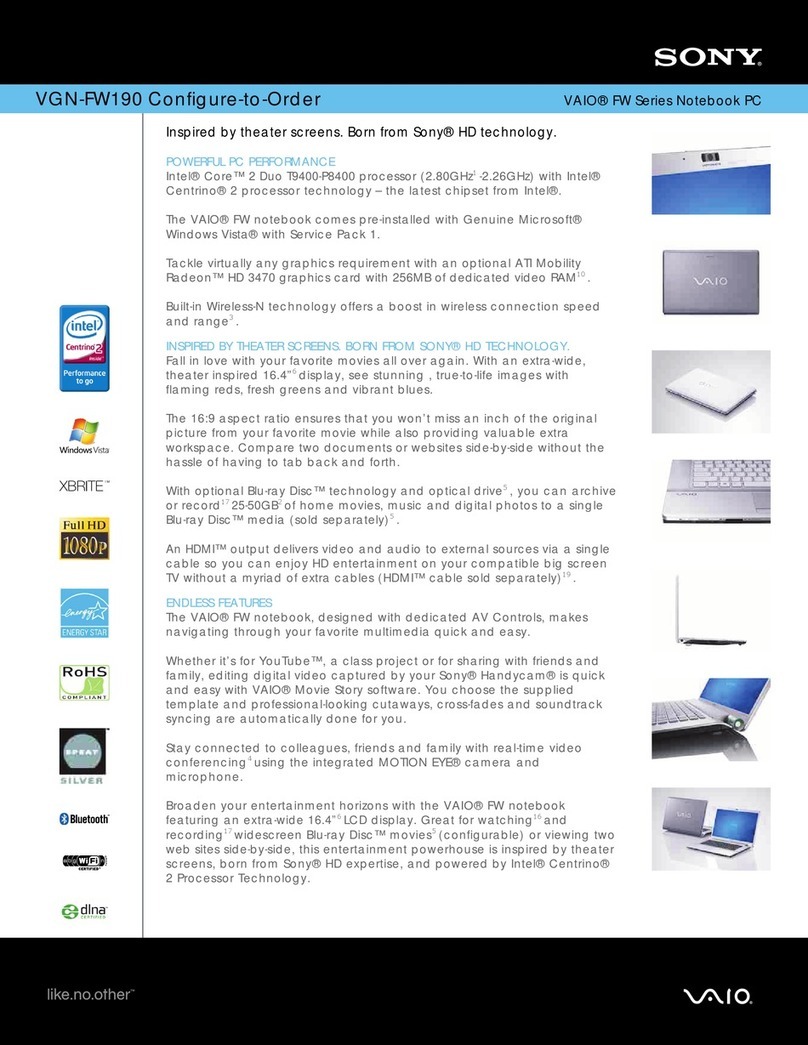 Sony VGN-FW190EEW Marketing s (VGNFW190 CTO) Specifications