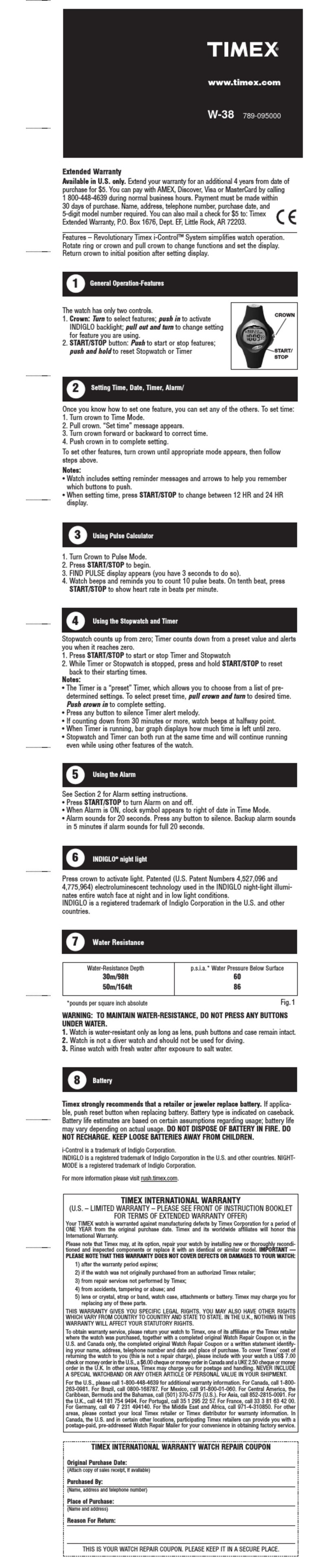 Timex W-38 User manual Timex W-38 User manual