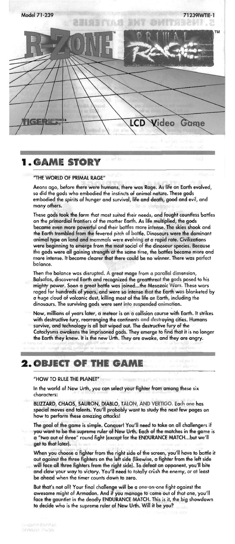 Tiger R Zone Primal Rage 71-239 instruction manual Tiger R Zone Primal Rage 71-239 instruction manual