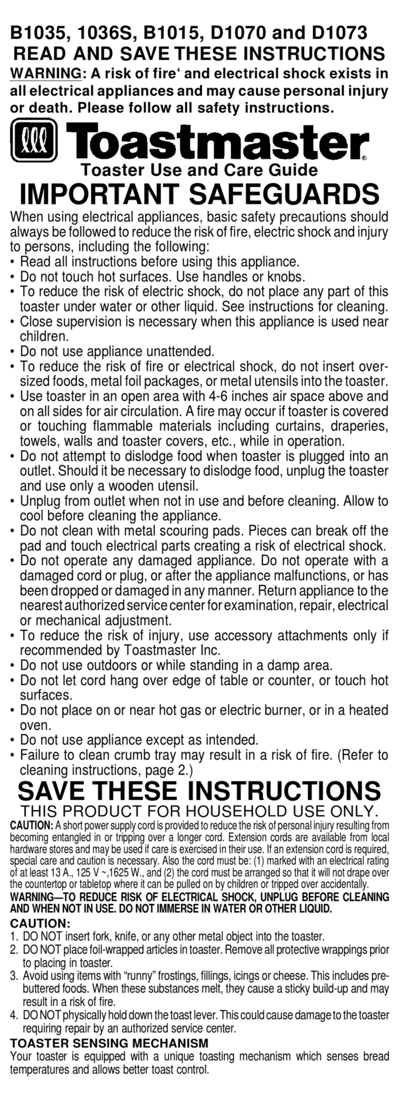 Toastmaster 1036S User manual