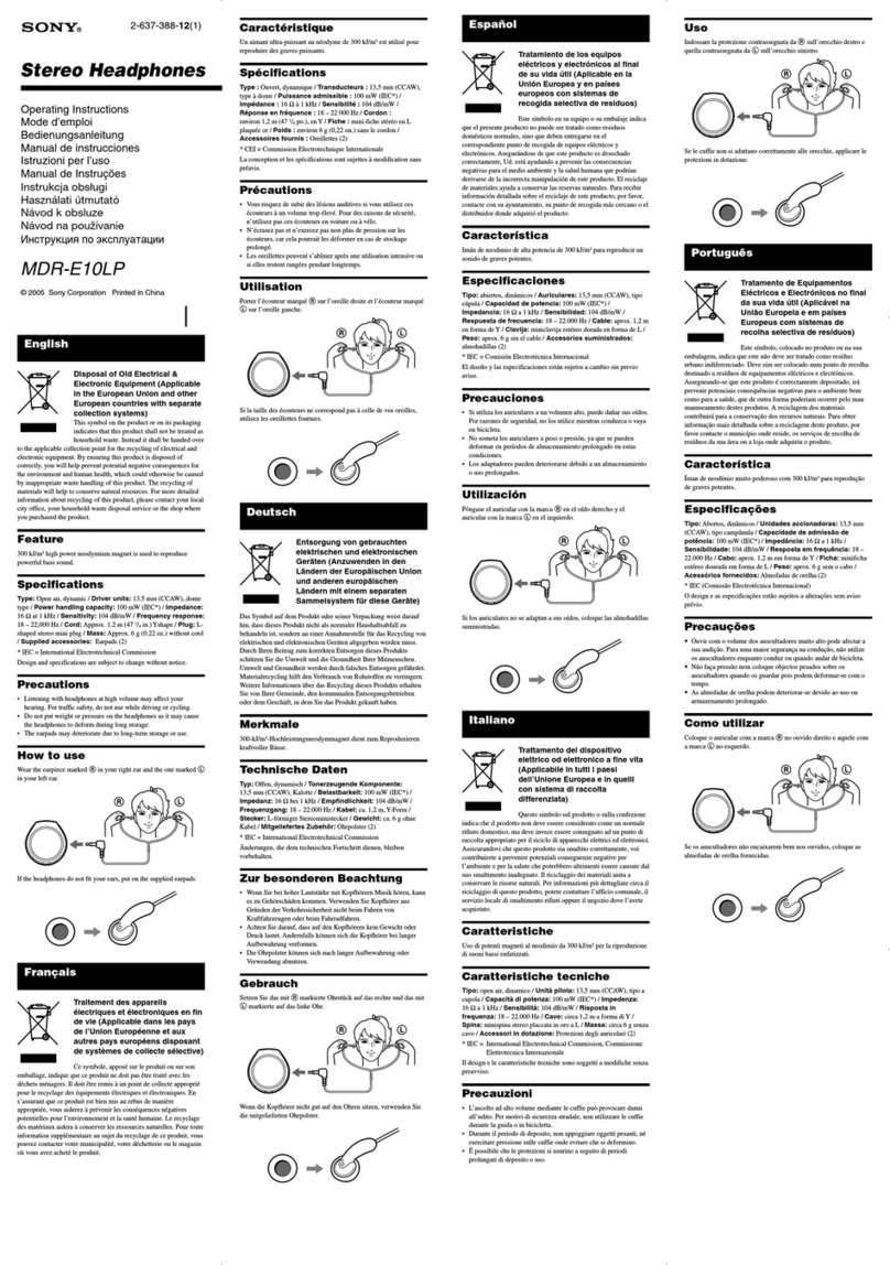 Sony MDR-E10LP - Stereo Headphones operating instructions