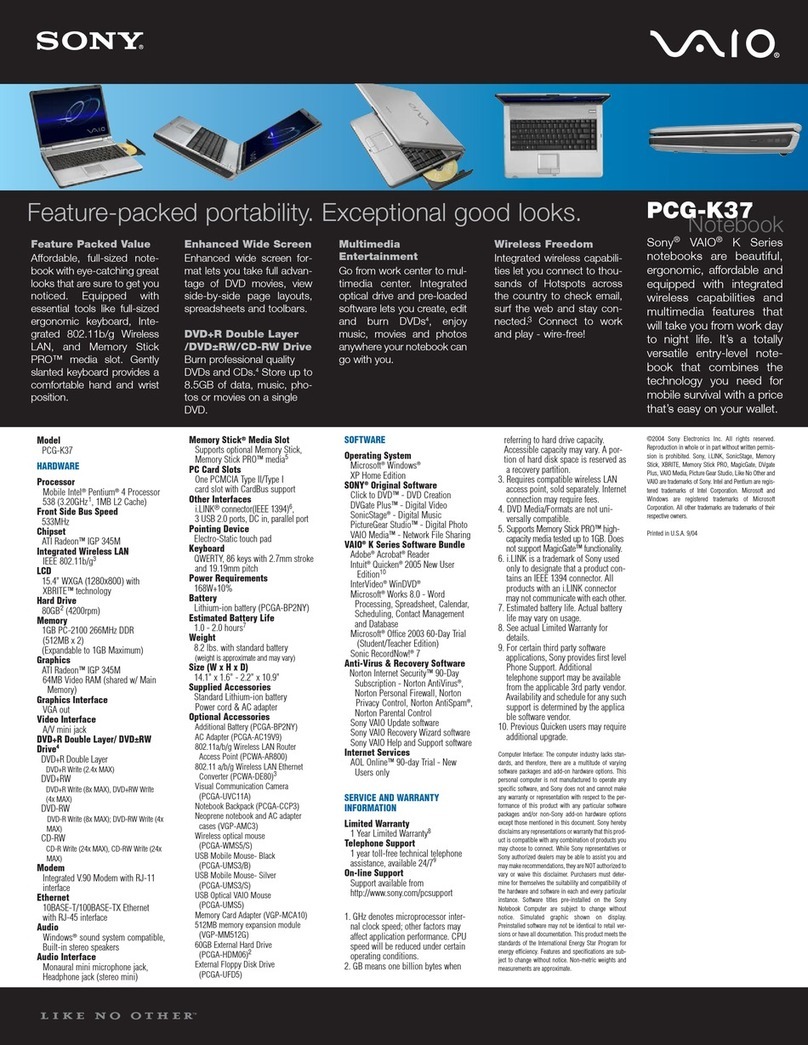 Sony PCG-K37 - VAIO - Mobile Pentium 4 3.2 GHz Specifications