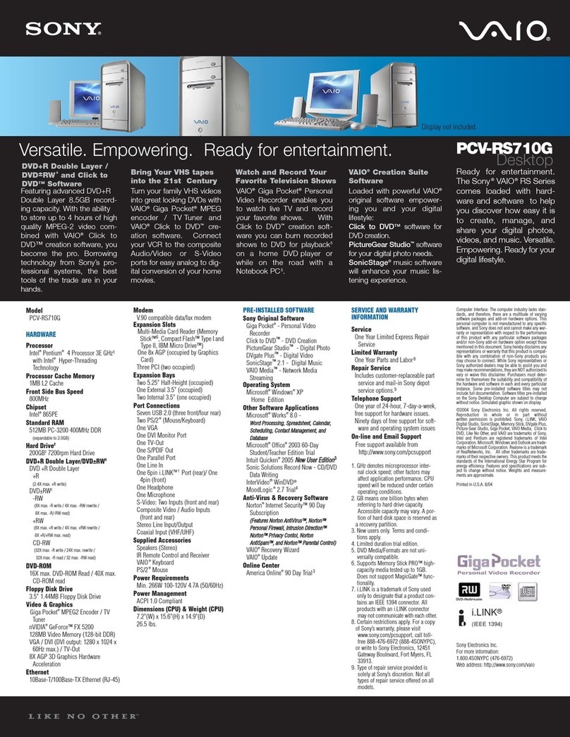 Sony PCV-RS710G - Vaio Desktop Computer User manual