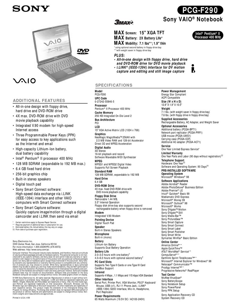 Sony VAIO PCG-F290 Specifications