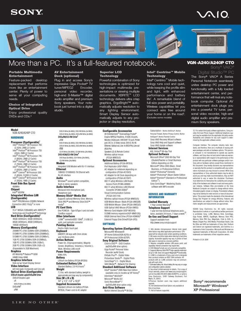 Sony Vaio Digital Studio VGN-A240 CTO User manual