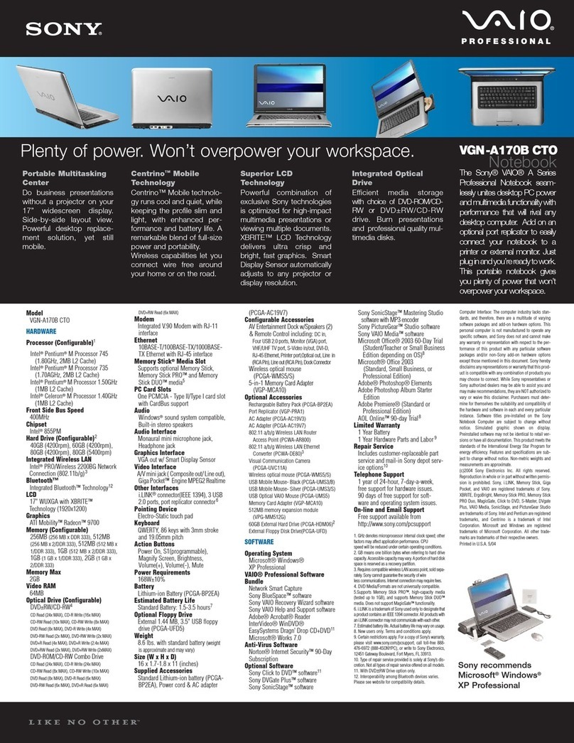 Sony VGN-A170B CTO Specifications