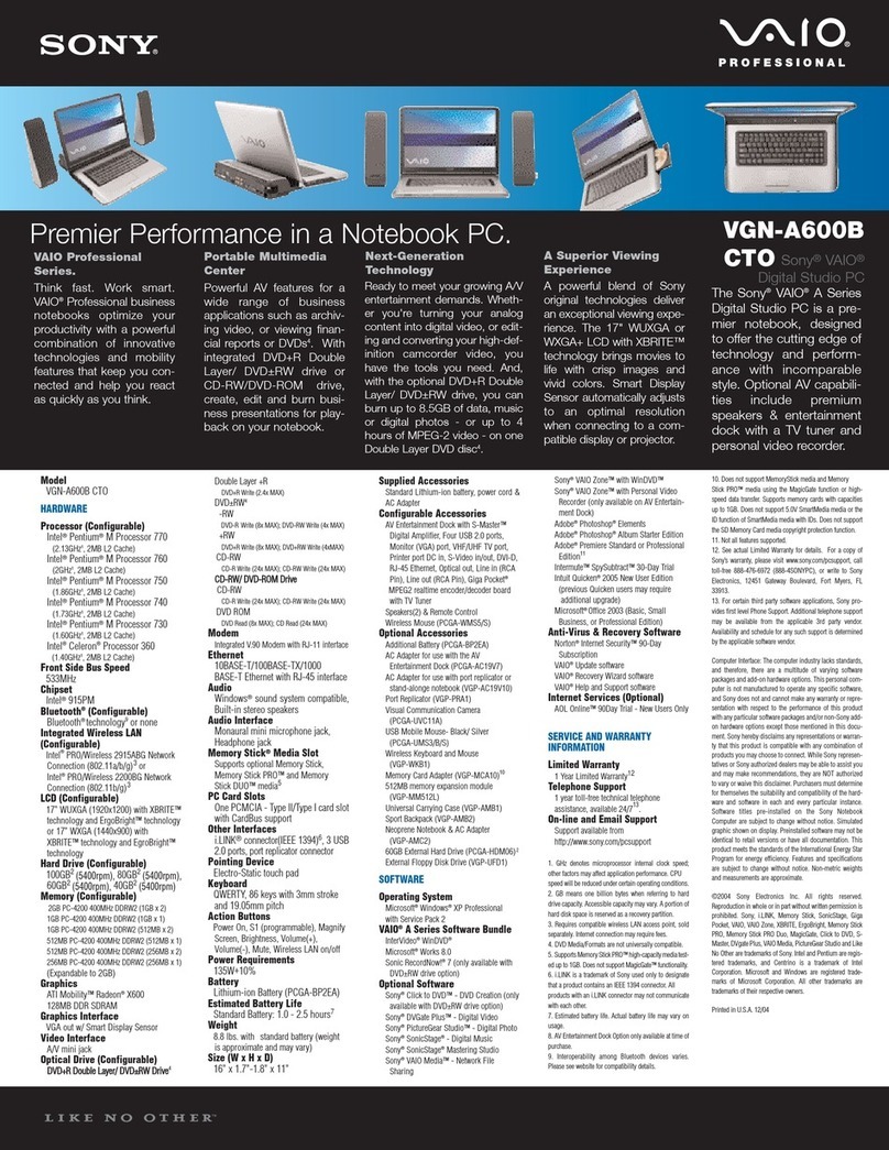Sony VAIO VGN-A600B CTO User manual