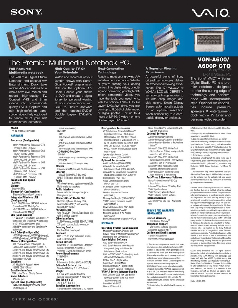 Sony VAIO VGN-A600 Series Specification sheet