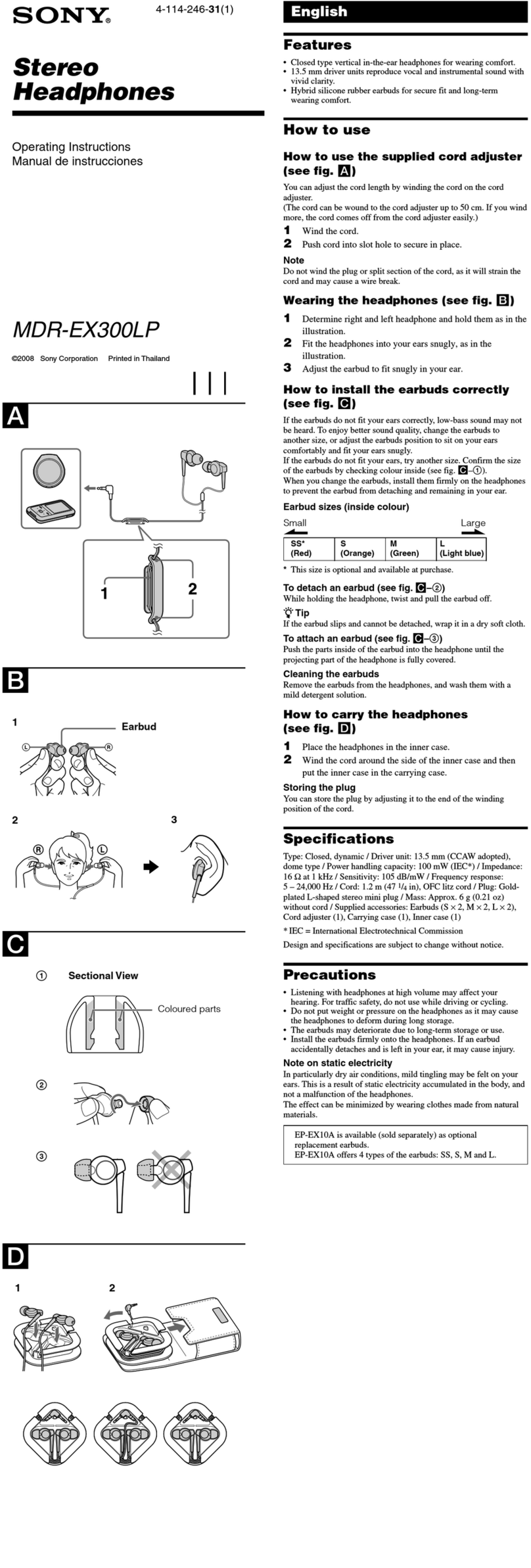 Sony MDR-EX300LP operating instructions