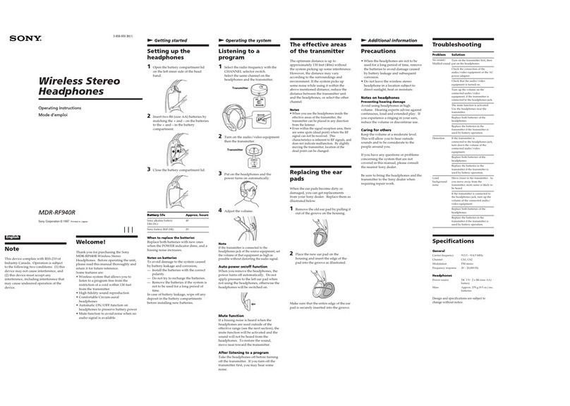 Sony MDR-RF940R operating instructions
