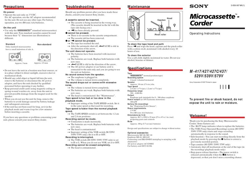 Sony Microcassette-corder M-417 operating instructions