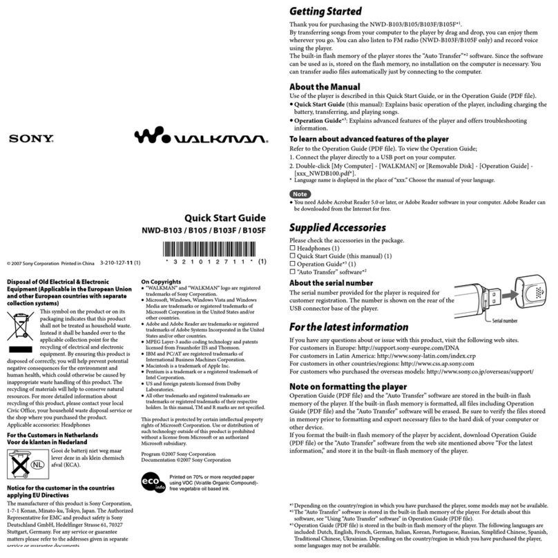Sony Walkman NWD-B103 quick start guide