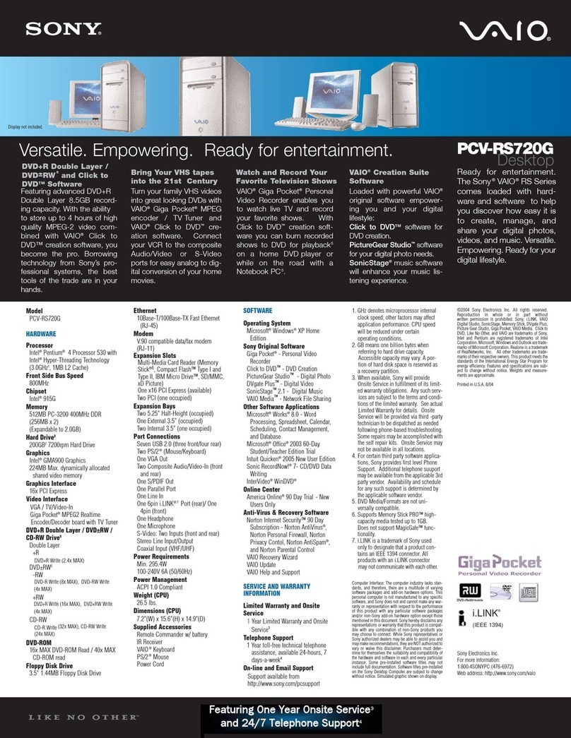 Sony PCV-RS720G - Vaio Desktop Computer User manual