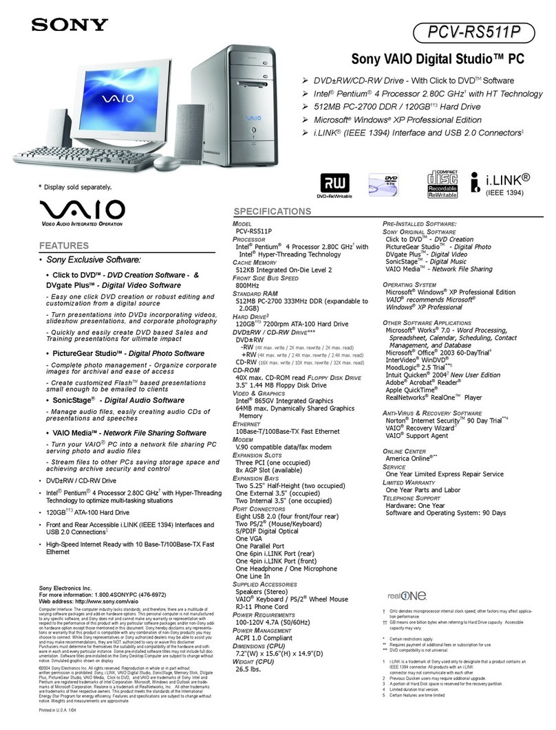 Sony PCV-RS511P - Vaio Desktop Computer User manual