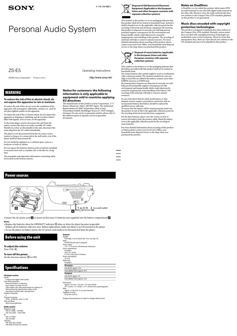 Sony ZS-E5 Marketing Specifications (Aqua) User manual