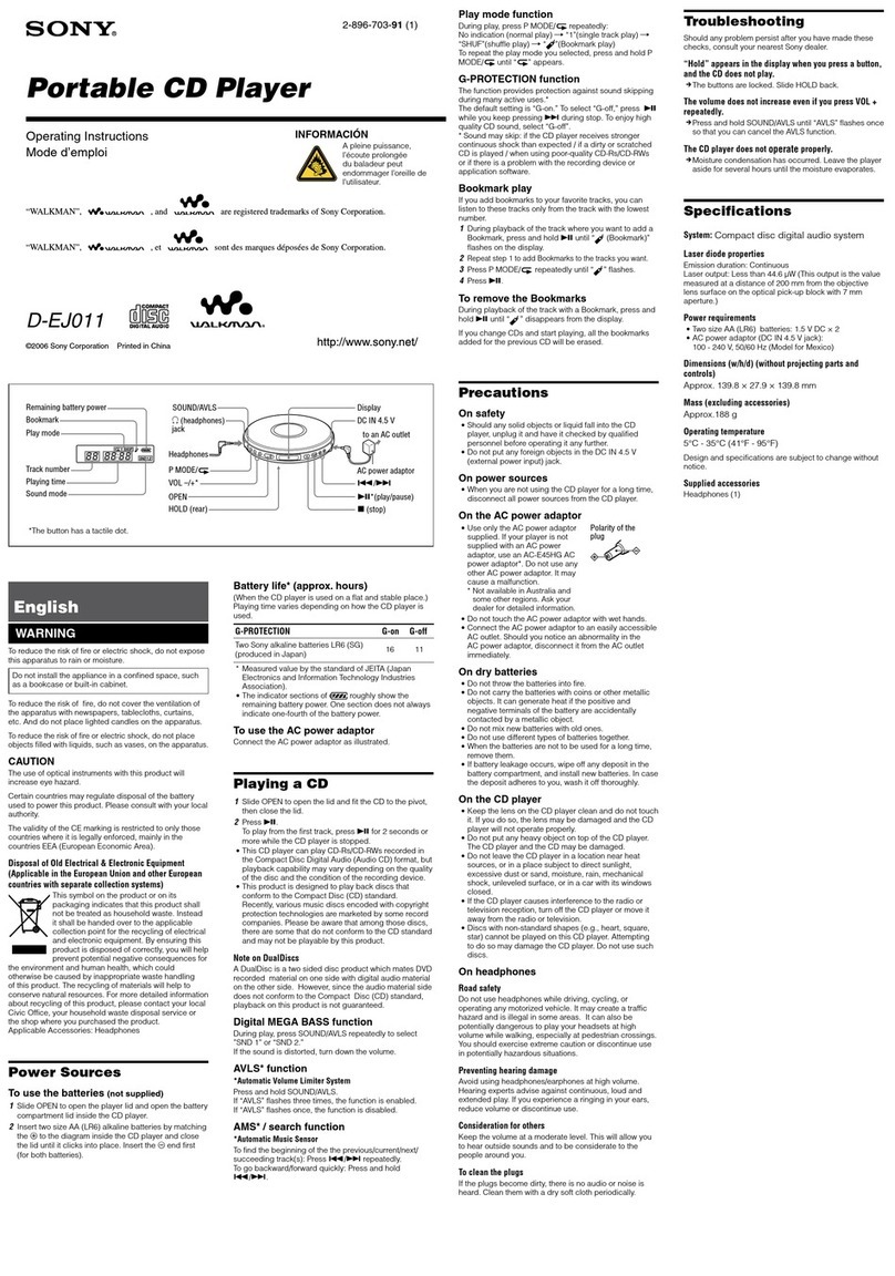 Sony CD Walkman D-EJ011 operating instructions