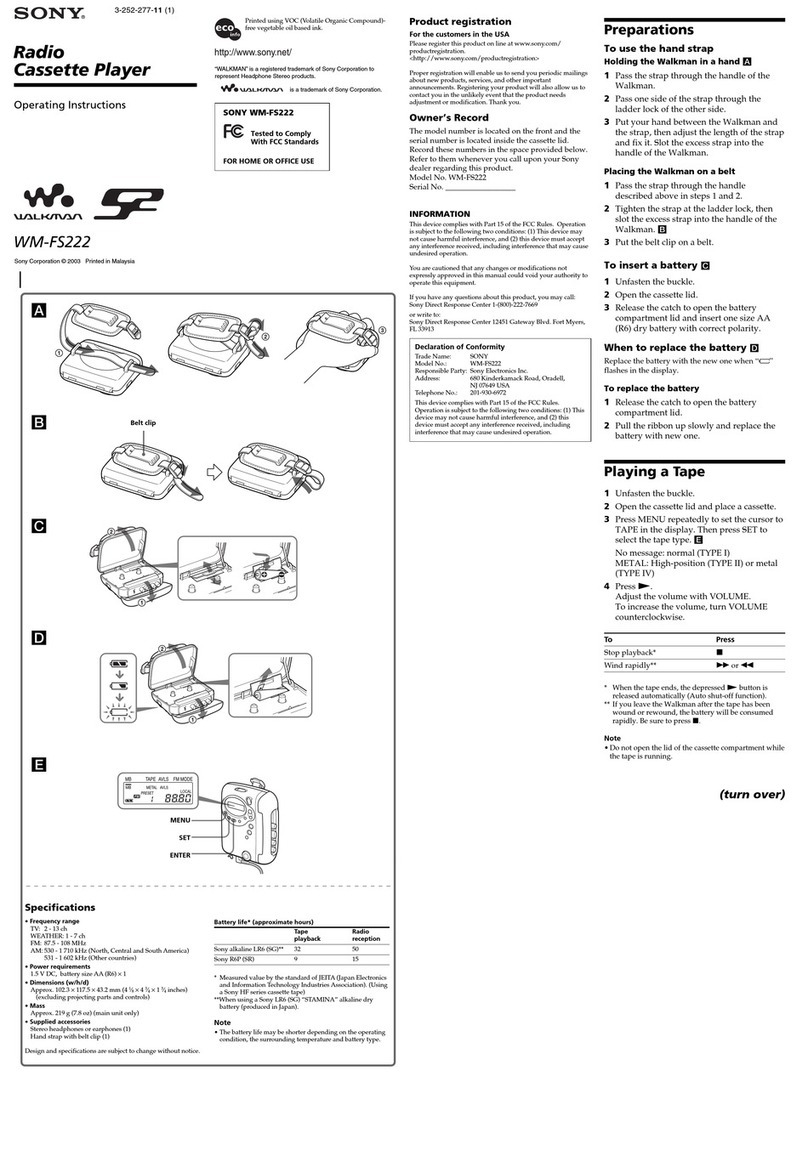Sony WM-FS222 Marketing Specifications & Features operating instructions