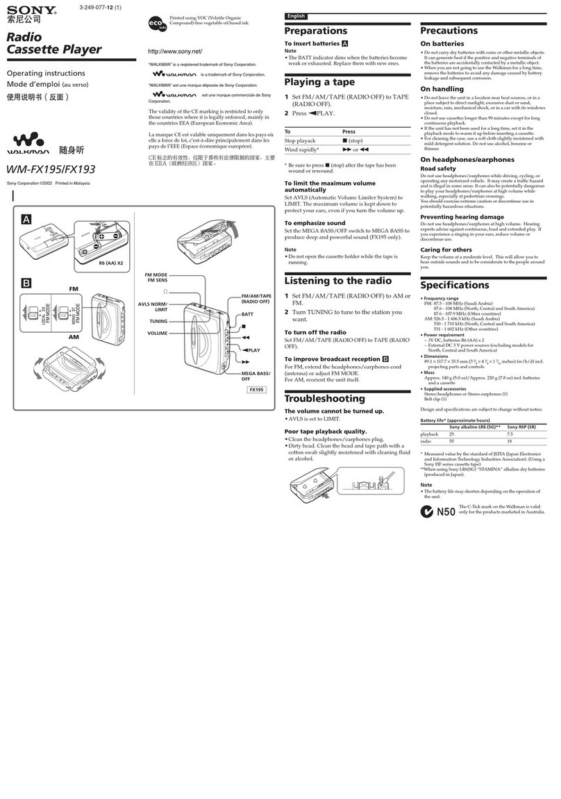 Sony Walkman WM-FX193 operating instructions