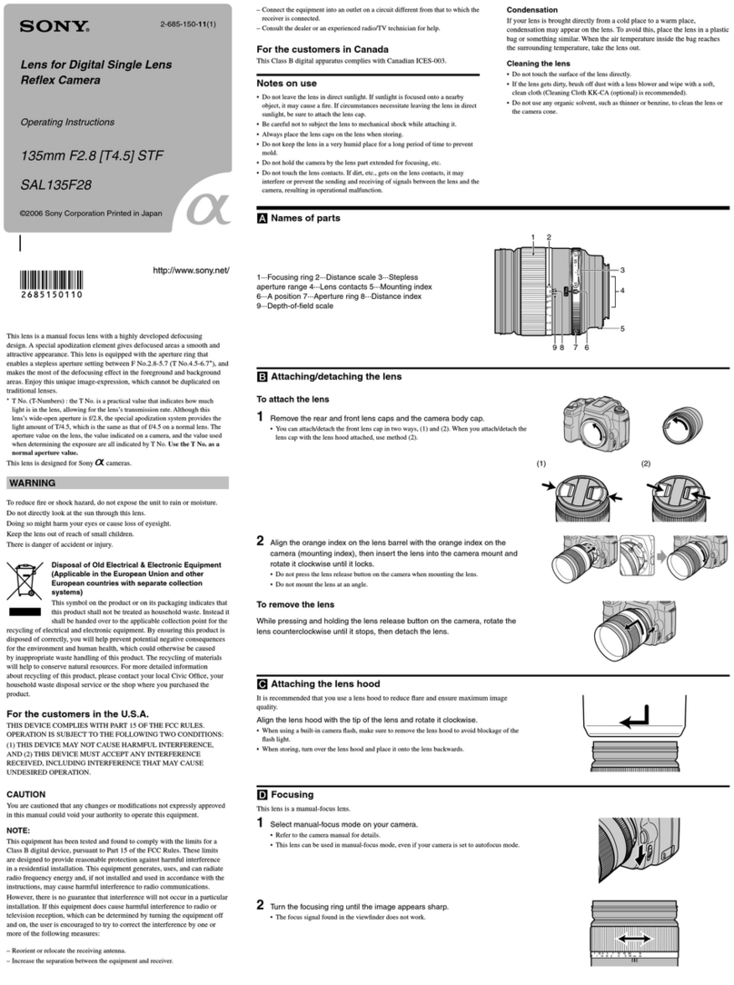 Sony SAL-135F28 - 135mm f/2.8 STF Telephoto Lens operating instructions