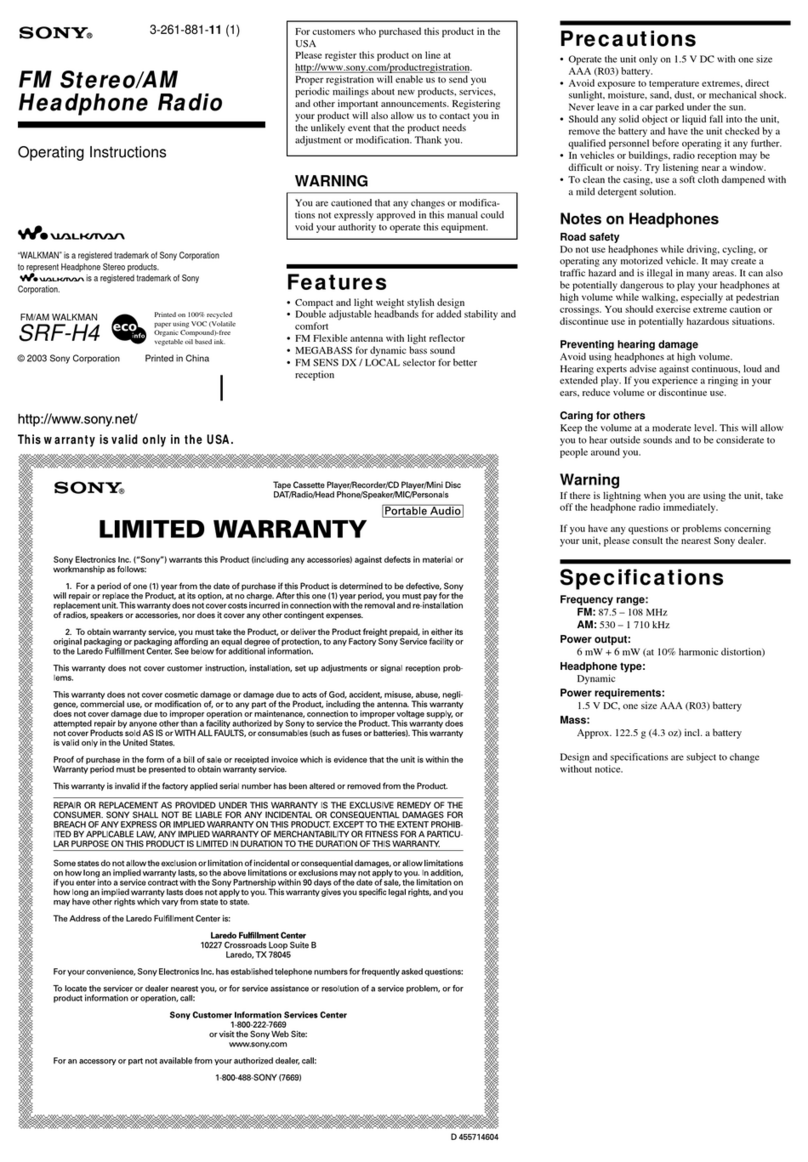 Sony Walkman SRF-H4 operating instructions