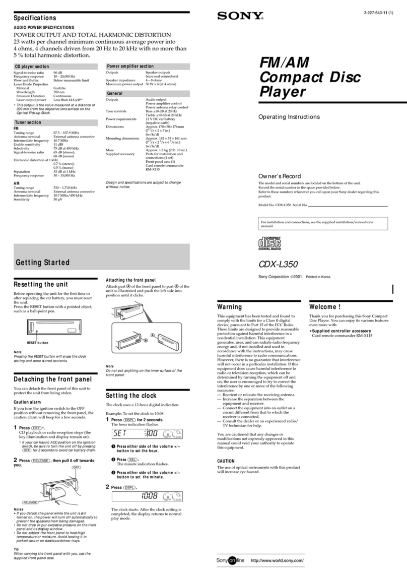Sony CDX-L350 - Fm/am Compact Disc Player operating instructions