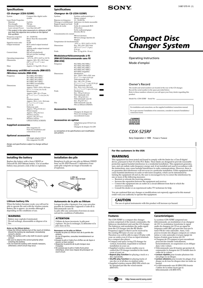 Sony CDX-525RF - Compact Disc Changer System operating instructions