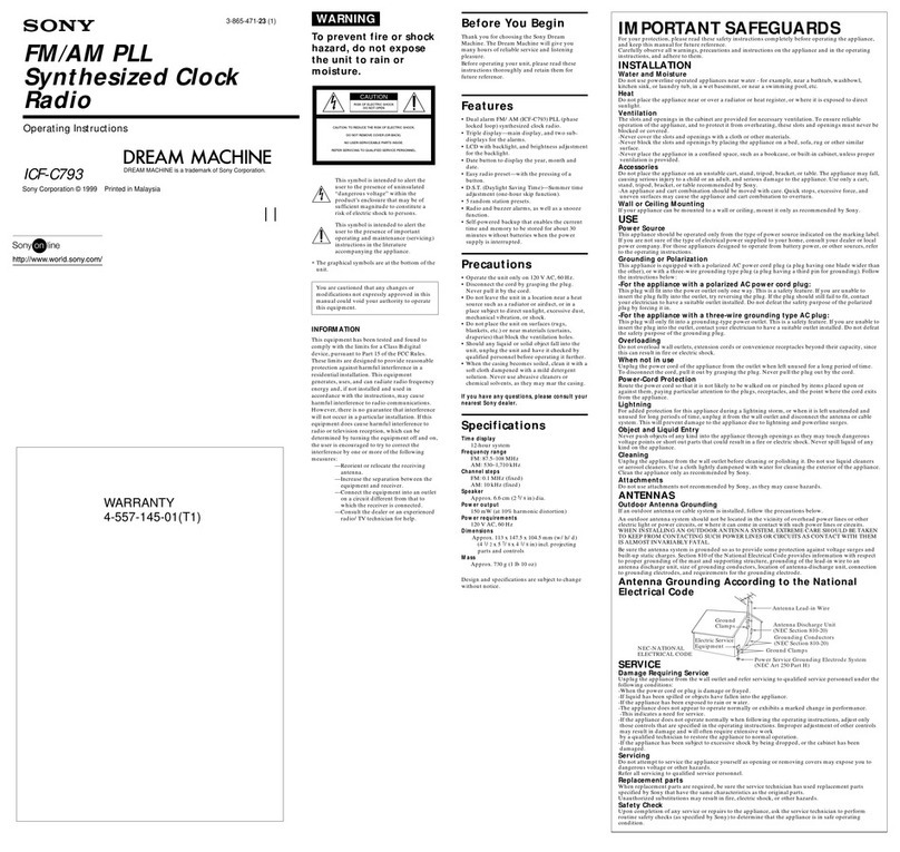 Sony DREAM MACHINE ICF-C793 operating instructions