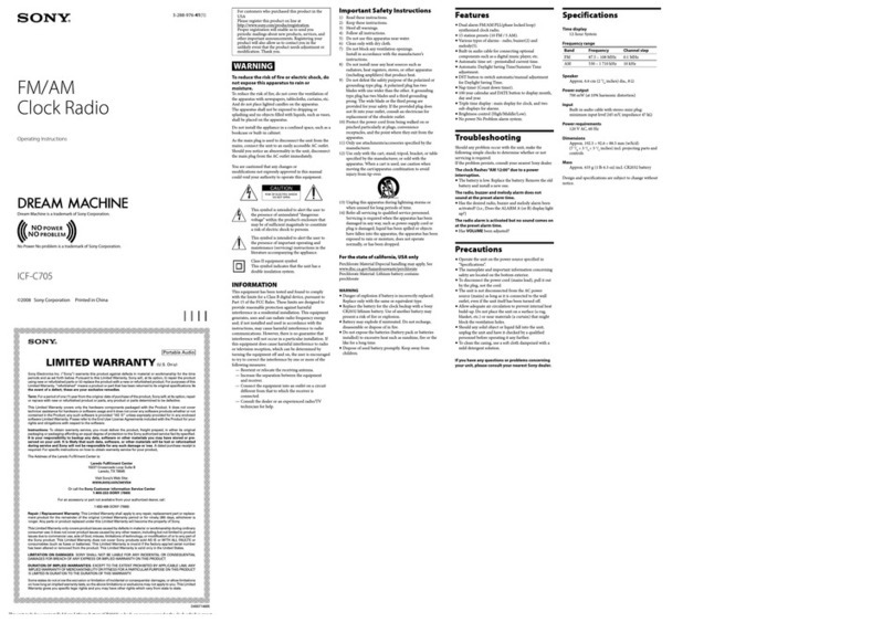 Sony DREAM MACHINE ICF-C705 operating instructions