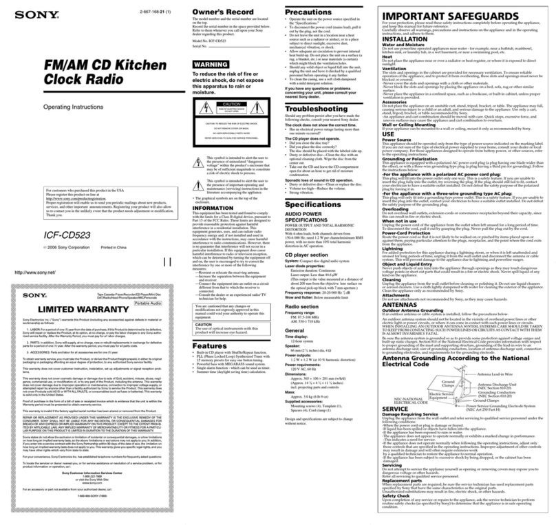 Sony ICF-CD523 - CD Clock Radio operating instructions Sony ICF-CD523 - CD Clock Radio operating instructions