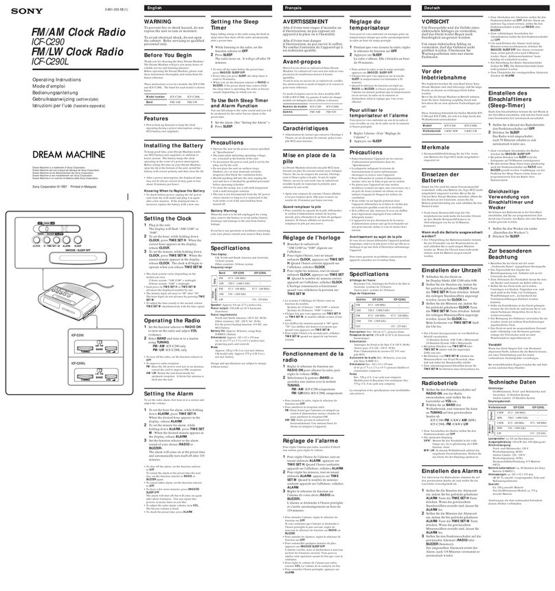 Sony Dream Machine ICF-C290 operating instructions