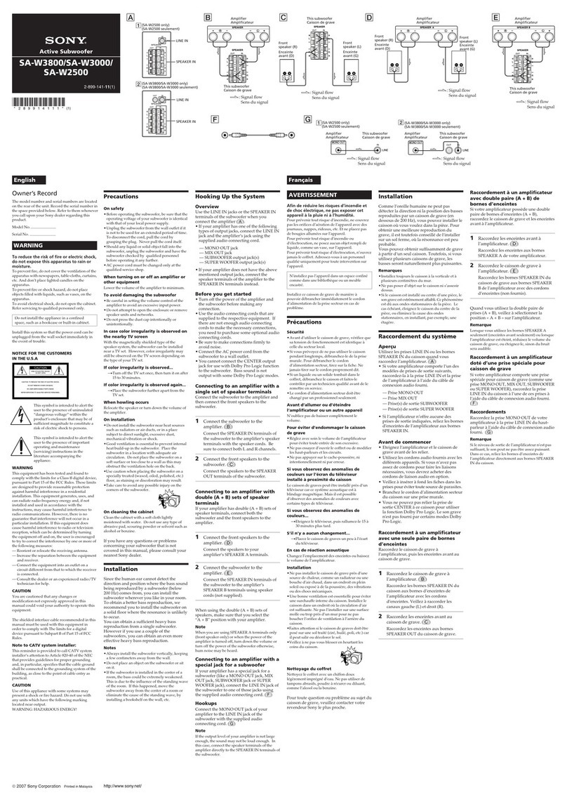 Sony W3000 - SA Subwoofer - 200 Watt User manual