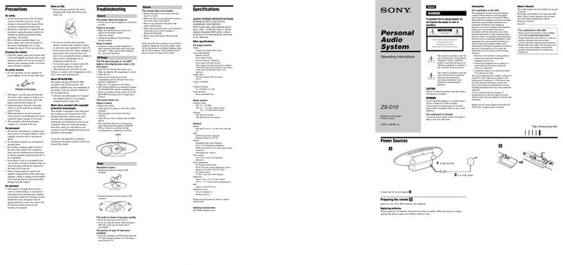 Sony ZS-D10 Marketing Specifications & Features operating instructions