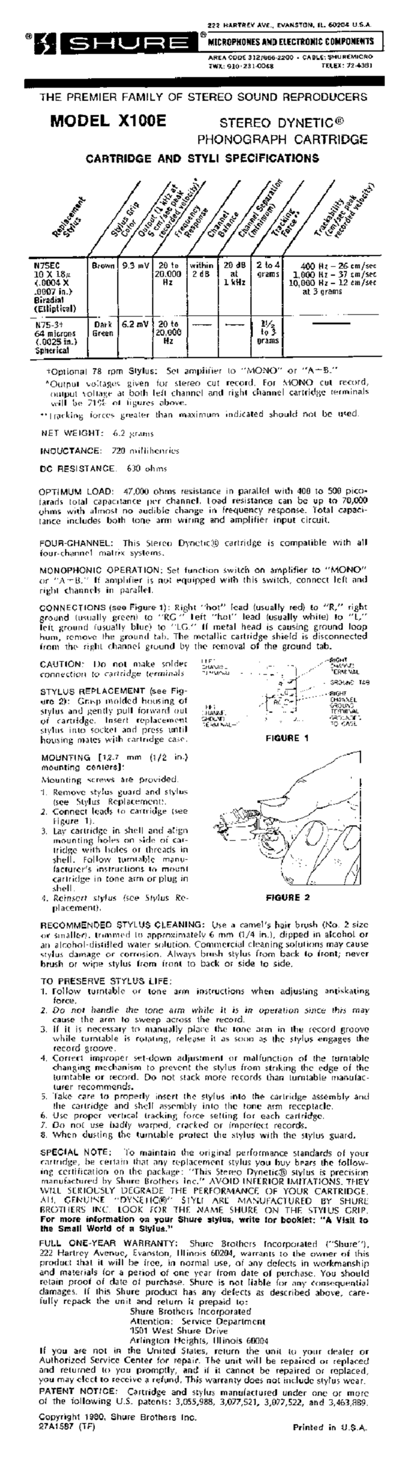 Shure X100E User manual
