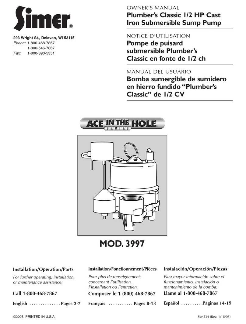Simer PLUMBER'S CLASSIC 1/2HP CAST 3997 owner's manual