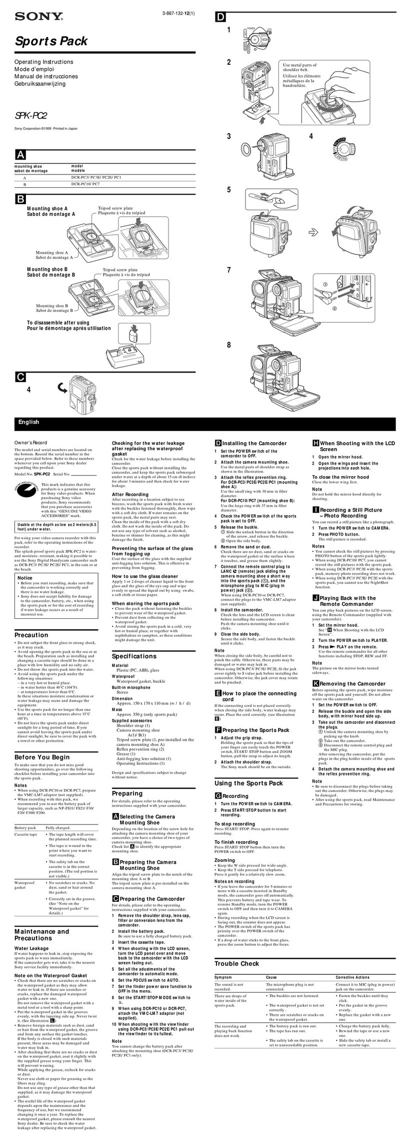 Sony SPK-PC2 operating instructions