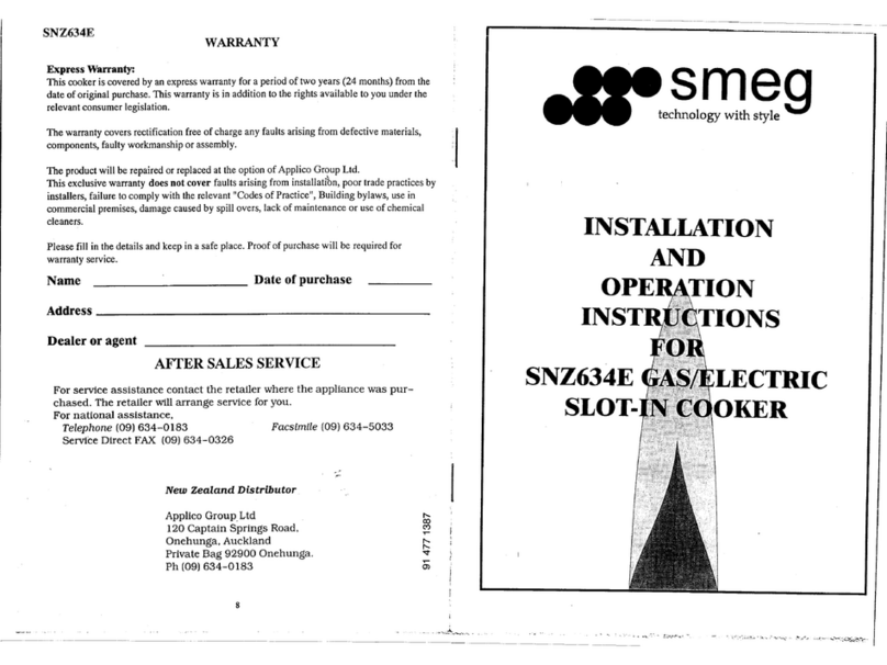 Smeg Gas/Electric Slot-In Cooker SNZ634E Installation and operation instructions Smeg Gas/Electric Slot-In Cooker SNZ634E Installation and operation instructions