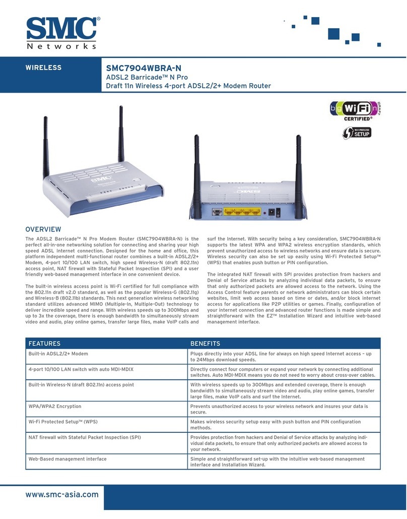 SMC Networks ADSL2 Barricade N Pro SMC7904WBRA-N Specification sheet SMC Networks ADSL2 Barricade N Pro SMC7904WBRA-N Specification sheet