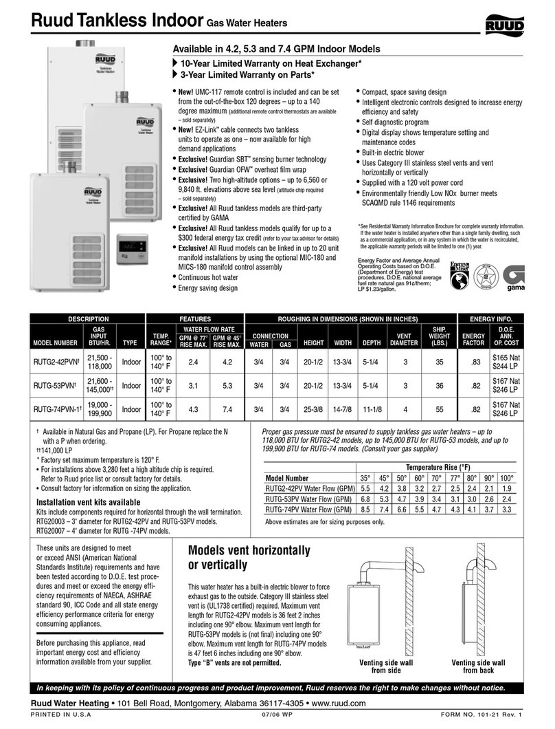 Ruud Tankless Indoor RUTG-53PV Specification sheet Ruud Tankless Indoor RUTG-53PV Specification sheet