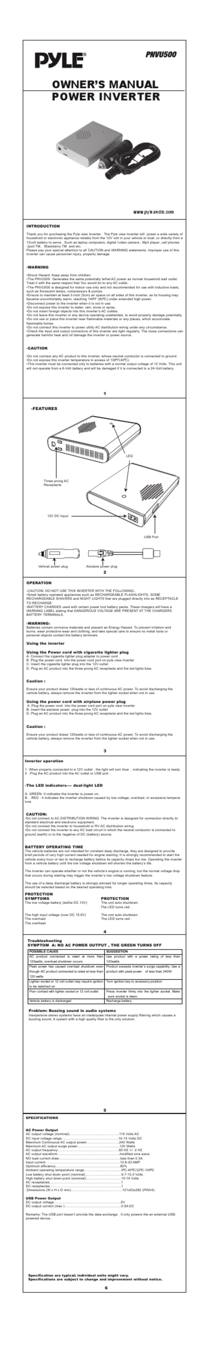 Pyle Power Inverter PNVU500 User manual