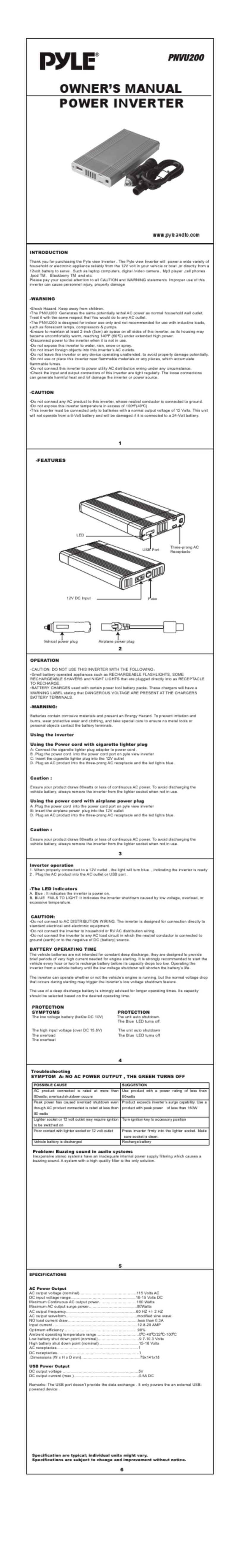 Pyle Power Inverter PNVU200 owner's manual