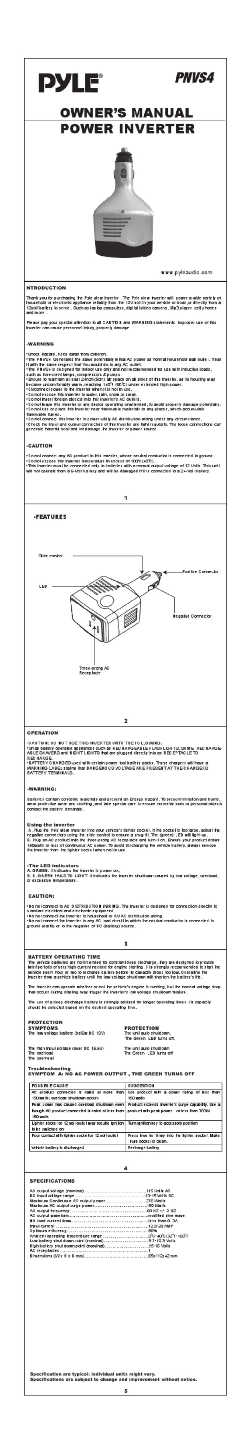 Pyle Power Inverter PNVS4 User manual