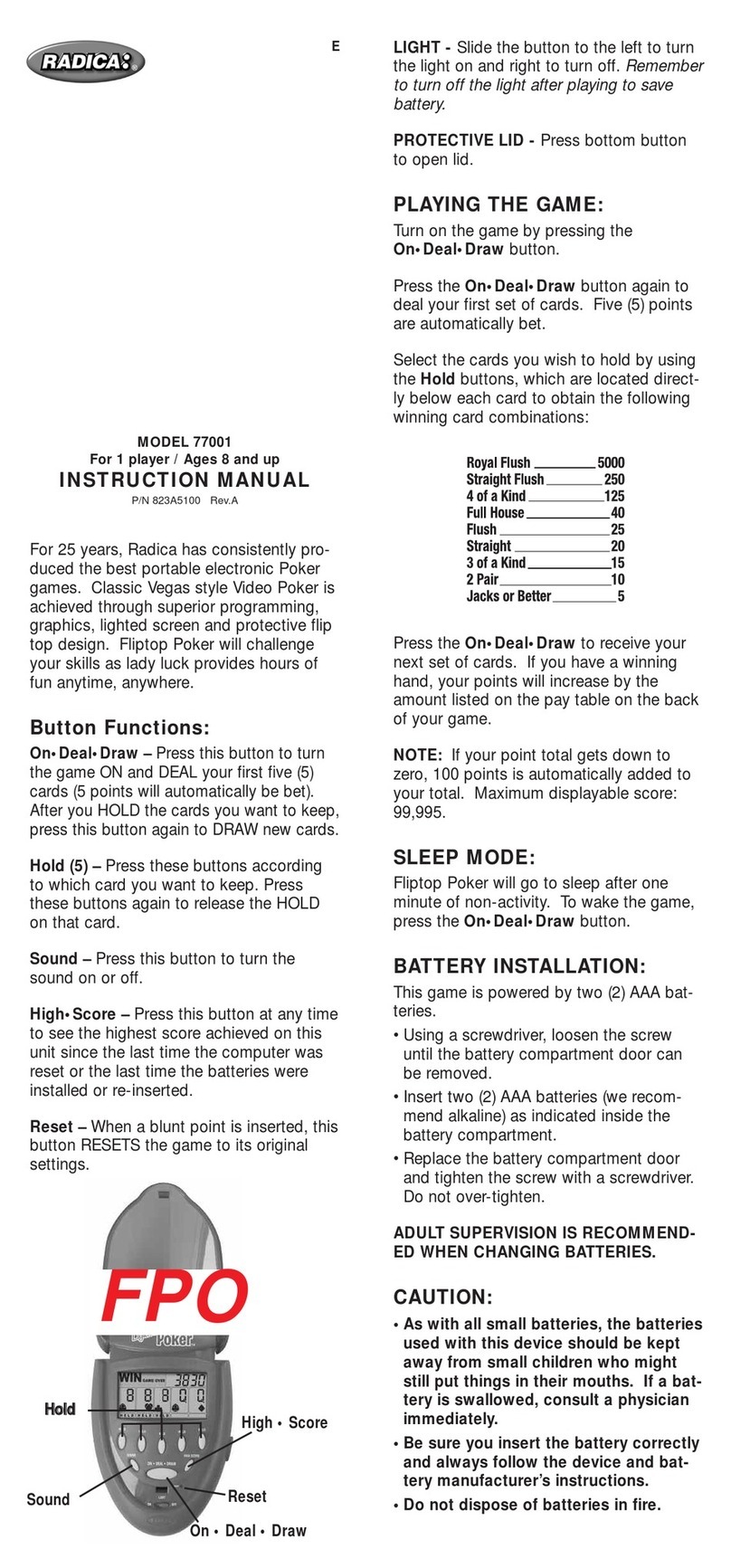 Radica Games 77001 instruction manual