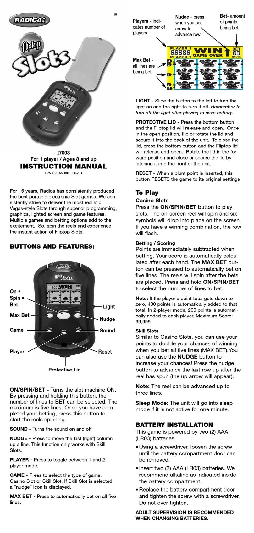 Radica Games fliptop Slots I7003 instruction manual