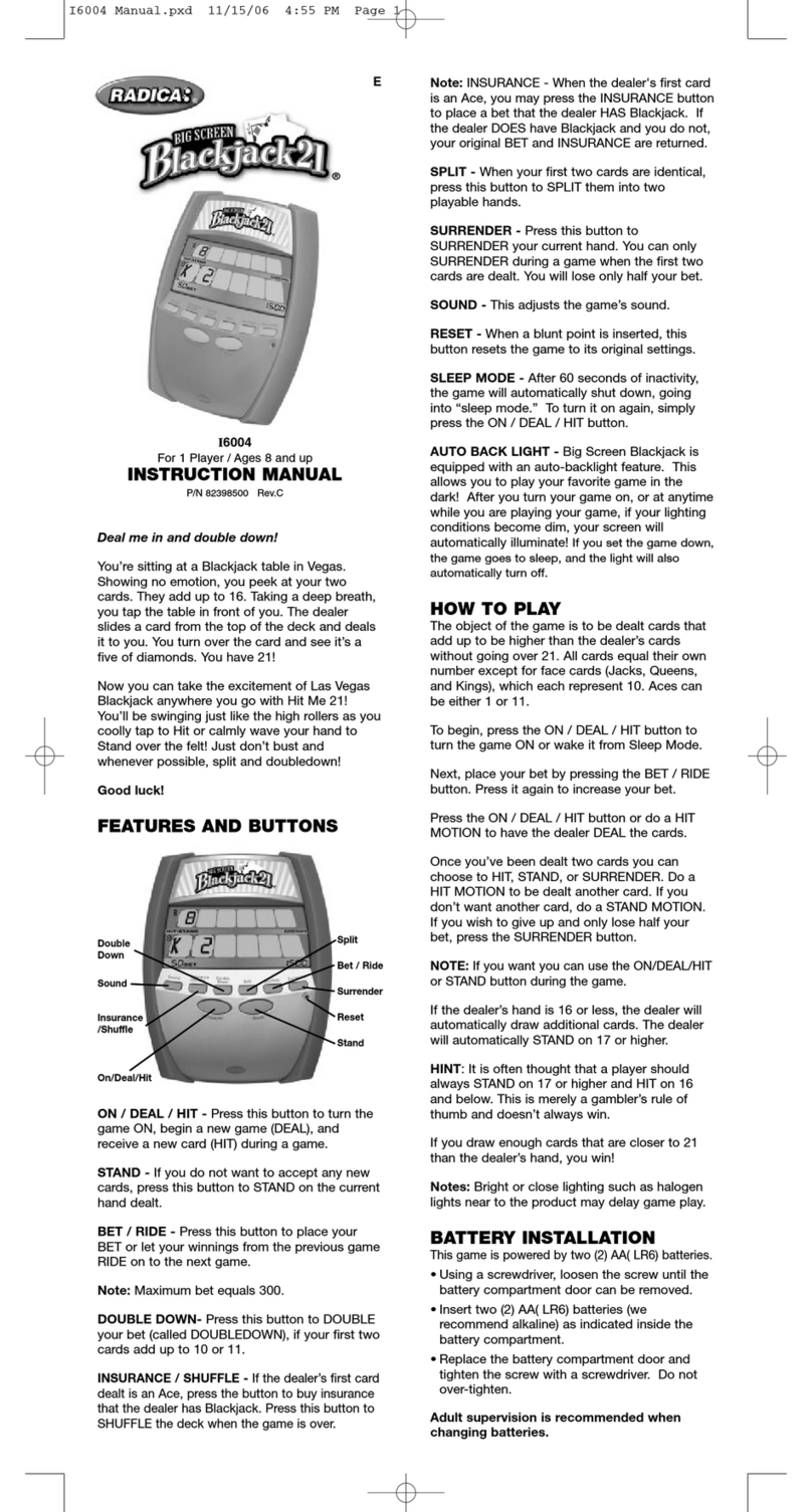 Radica Games Blackjack I6004 instruction manual Radica Games Blackjack I6004 instruction manual